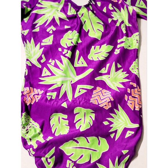 GK Elite VTG 90s Neon Green Tropical Purple AS Leotard Long Sleeve Adult S  NWT - Picture 5 of 10